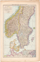 Dél - Skandinávia és Északnyugat - Franciaország térkép 1887, Európa, atlasz, eredeti, 28 x 42 cm