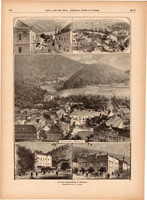 Trencsén, metszet 1881, 22 x 31 cm, Magyarország, fametszet, Trencsin, Teplitz, gyógyfürdő, felső