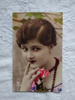 Antik francia kézzel színezett romantikus fotólap/képeslap hölgy portré, rózsa 1923