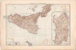 Szicília és Szardínia, Alpok térkép 1887, német, eredeti, Európa, Itália, Andrees, régi, atlasz
