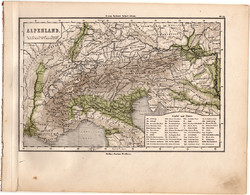 Alpok térkép 1871, eredeti, német nyelvű, hegység, hegy, Európa, E. von Sydow