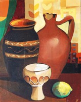 T. J.: Table still life with drum and lemon - oil painting