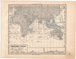 Indiai - óceán térkép 1871, eredeti, német nyelvű, E. von Sydow, iskolai atlasz, áramlat