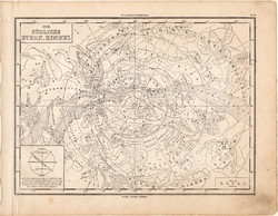 Déli csillagos ég térkép 1871, eredeti, német nyelvű, E. von Sydow, iskolai atlasz, csillag, Tejút