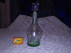 Régi uránzöld likőrös bordázott üveg butella, pálinkás üveg, karaffa, palack