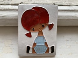 Retro fali kerámia - kislány falikép 11x8 cm