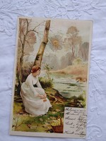 Antik/szecessziós, litho/litográfiás, tájképes képeslap, hölgy fehér ruhában, vízpart, nap, erdő1900