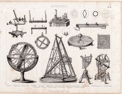 Csillagászat (10), egyszín nyomat 1870, asztronómia, Asztrolábium, teleszkóp, armilláris gömb
