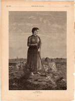Pihenő, fametszet 1881, metszet, nyomat, 22 x 30 cm, Ország - Világ, asszony, kapa, újság