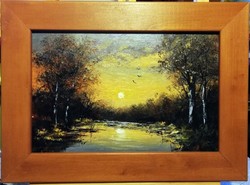Károlyi Katalin- forest edge sunset (20 x 30, oil, pickled in wooden frame)