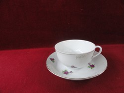 Kínai porcelán teáscsésze + alátét, hófehér alapon apró lila virággal.