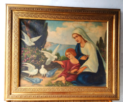 Jesus and Mary feeding pigeons - xix-xx.O oil on canvas, unknown artist, beautiful gilded frame