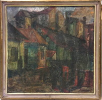 KÁDÁR JÓZSEF /1936 - 2019/ Debreceni udvar,o-v,kerettel 79x79 cm
