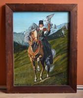 Solymász nemesi hölgy lóháton - Ismeretlen festő, olaj karton, kerettel 86 x 68 cm, jn.
