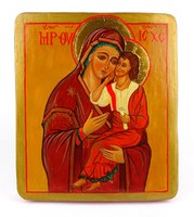 1E377 Mária és a kis Jézus ikon másolat fatáblán 26.5 x 22.5 cm