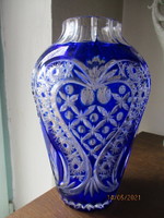 Nagyméretű régi kék ólomkristály váza. 26 cm ritka gazdag csiszolással