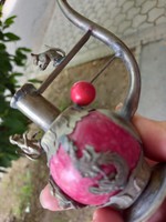 Tibeti ezüstveretes antik ópium pipa vörös jáde golyóval