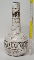 Sötétbarna, szürke, vonalkamintás, iparművészeti, hódmezővásárhelyi mázas kerámia váza (1725)