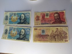Csehszlovák 2 db 20 korona, + 50 + 500 korona felülbélyegezve