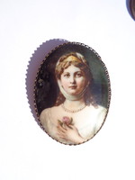 Antique porcelain hand painted female portrait with brooch