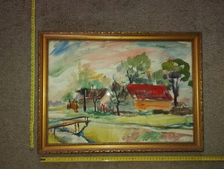 Akvarell festmény, tanyavilág, szép keretben, 34,5x49 cm+keret