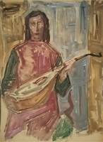 Vidéky Brigitta Iván Szilárdné (1911 - 2017) Mandolinos c festménye 60x45cm EREDETI GARANCIÁVAL !