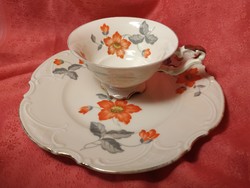 Gyönyörű antik porcelán teás-, kávés csésze sütis tányérral