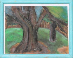 Old pastel image: trees in front of the fence