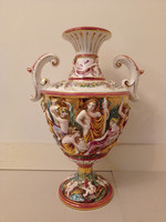 Antik capodimonte Capo di monte dúsan aranyozott sokalakos kétfüles porcelán váza