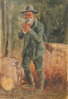 Hunter with his dog, old oil painting
