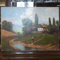 László Neogrády. Oil on canvas village life painting. Marked.