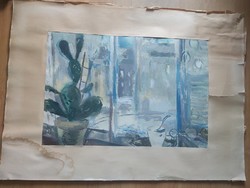 GÖLDNER TIBOR: Kaktusz ablakban, 1964 (akvarell 37x54) csendélet, modern - Rudnay Gyula tanítványa
