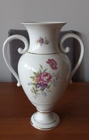 Hollóházi porcelán füles váza virág mintával és arany peremmel - 28.5cm