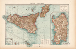 Szicilía és Szardínia térkép 1904, eredeti, Moritz Perles, német, atlasz, régi, Európa, sziget