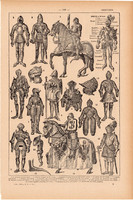 Páncél, nyomat 1923, francia, 19 x 29 cm, lexikon, eredeti, lovag, lovagi, páncélos, kard, pajzs