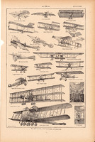Repülő, repülés, nyomat 1923, francia, 19 x 29 cm, lexikon, eredeti, történet, Wright, biplan, Spad