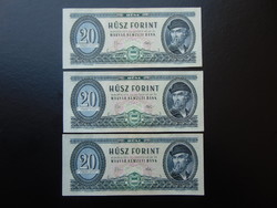 3 darab 20 forint 1975 Sorszámkövető Szép ropogós bankjegyek !