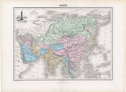 Ázsia térkép 1877, francia, atlasz, eredeti, 35 x 48 cm, XIX: század, régi, nagy méret, Kína, India
