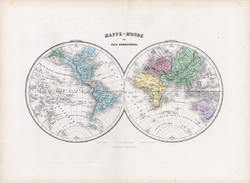 Világtérkép 1877, francia, atlasz, eredeti, 35 x 48 cm, térkép, világ, két félteke, Mappe - Monde