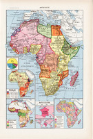 Afrika térkép 1923, francia, 19 x 29 cm, lexikon, nyomat, eredeti, népek, elefánt, zsiráf, állat