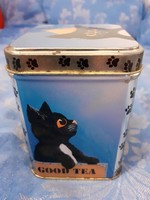 Black cat pattern with good tea inscription in tin can with lid of 90s