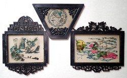 3 db régi retró keleti kínai japán kézzel festett üveg kép festmény keretben - ritkaság!
