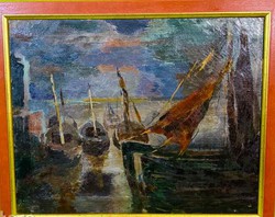 Régi impresszionista festmény.. Knokke  kikötője ( Belgium )