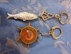 Keychain collection of 2 good old one with a compass and a metal fish carp