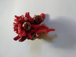 Vörös korall, ásvány női gyűrű művészi egyedi ékszer red corall gemstone art ring