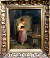 FK/101 - 150-170 éves antik gyönyörűség! Ismeretlen festő – Kislány kalitkával című festménye