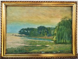 Klimó István (1883 - 1961) Balatoni strandolók 1954 -es festménye 80x60cm EREDETI GARANCIÁVAL !