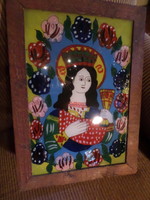 46 x 33 cm-es , fa keretben régi , üvegre festett Mária kép / szentkép . Népművészeti darab .