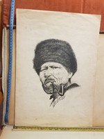 ?óra Lajos, 1942, grafika, portré egy Öregről, tajtékpipával, méret jelezve!