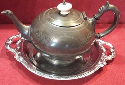 Antik ezüstözött teás kanna tálcával